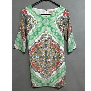 Banana Republic 2P Paisley Print 3/4 Sleeve Shift Dress Green White Yellow